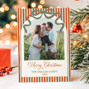 Elegant Red Green Stripe Bow Photo Arch Christmas Holiday Card