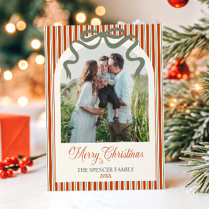 Elegant Red Green Stripe Bow Photo Arch Christmas Holiday Postcard