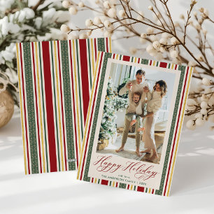 Elegant Red Green Stripes Happy Holidays 1 Photo Holiday Card