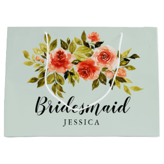 Elegant Red Green Watercolor Floral Bridesmaid Large Gift Bag