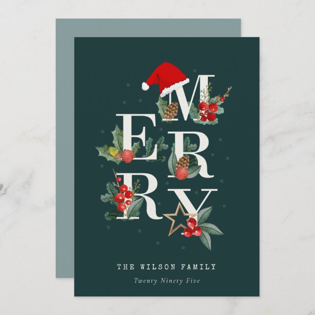 Elegant Red Green White Merry Christmas Foliage Holiday Card (Front/Back)