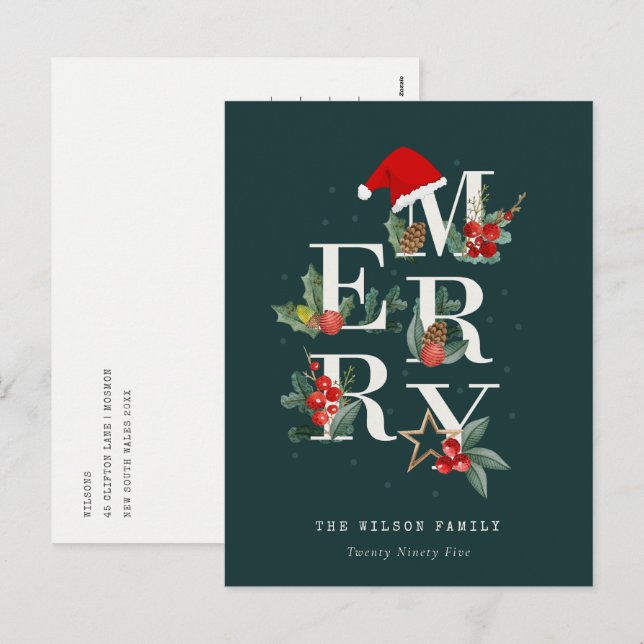 Elegant Red Green White Merry Christmas Foliage Holiday Postcard (Front/Back)