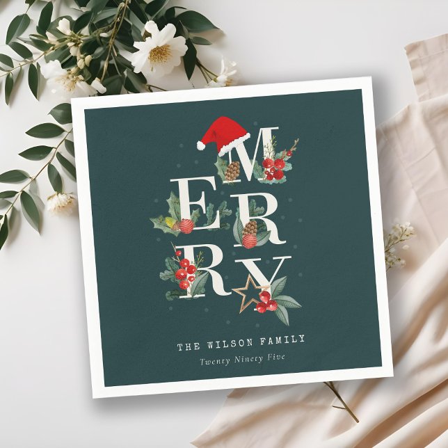 Elegant Red Green White Merry Christmas Foliage Napkin (Creator Uploaded)