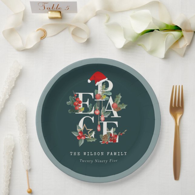 Elegant Red Green White Peace Christmas Foliage Paper Plate (Wedding)