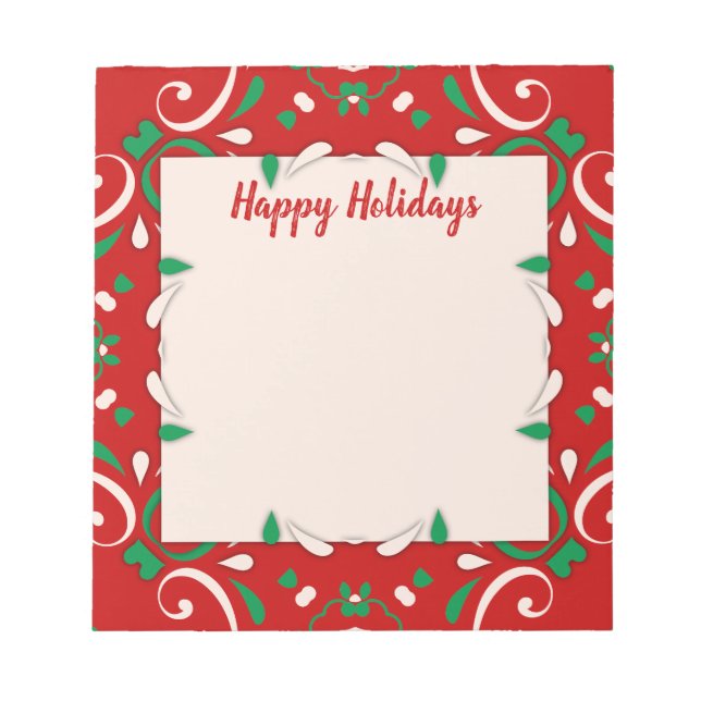 Elegant Red Green White Xmas Border Happy Holidays Notepad (Front)