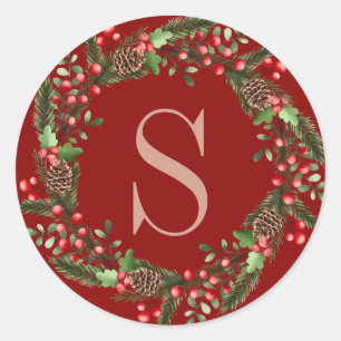 Elegant Red Greenery Wreath Monogram Christmas Classic Round Sticker