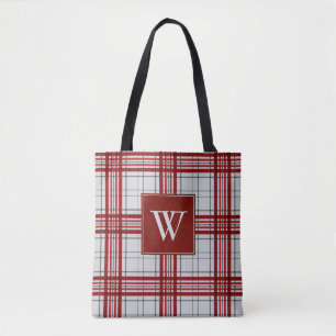 Elegant Red Grey Plaid Monogram Initial Tote Bag