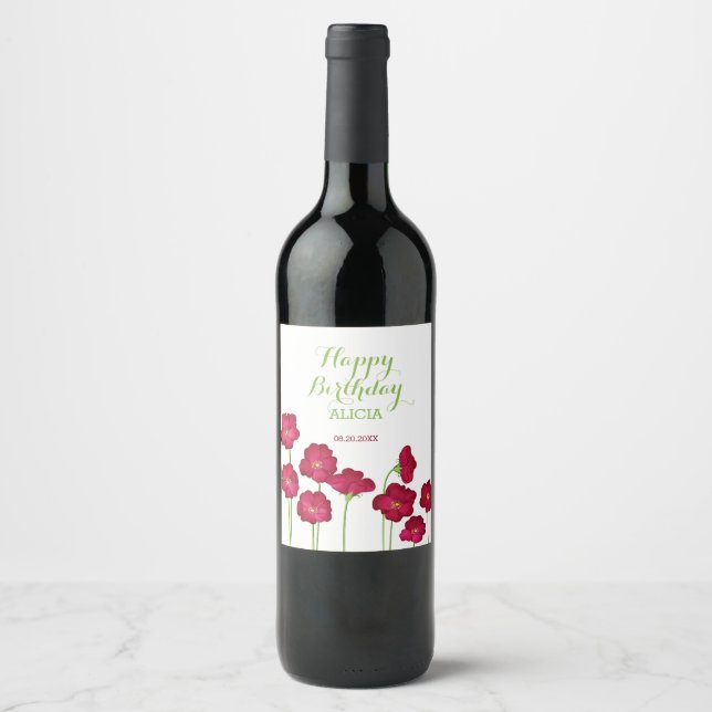 Elegant Red Growing Wildflower Birthday Party Wine Label (Front)