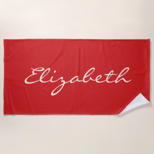 Elegant Red Handwritten Script Name     Beach Towel