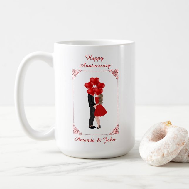 Elegant Red Happy Anniversary Personalised Mug (With Donut)