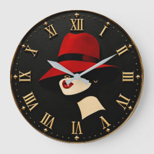 Elegant Red Hat Fashion Lady Modern Portrait Large Clock