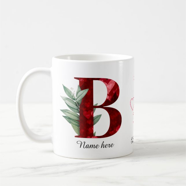Elegant Red Heart Floral Letter B Initial Coffee  Mug (Left)