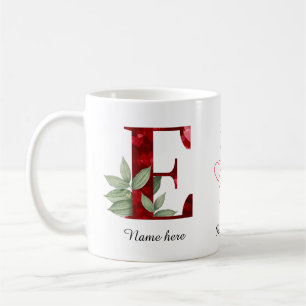Elegant Red Heart Floral Letter C Initial Coffee E Mug