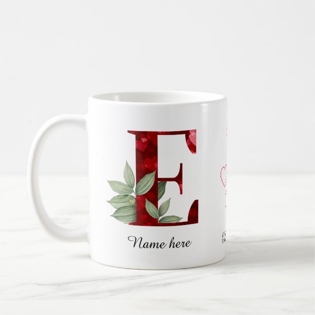 Elegant Red Heart Floral Letter C Initial Coffee E Mug (Left)