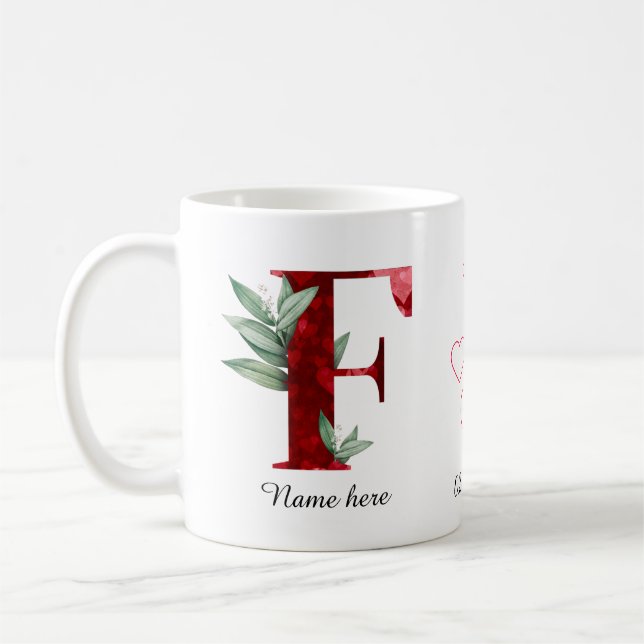 Elegant Red Heart Floral Letter F Initial Coffee E Mug (Left)