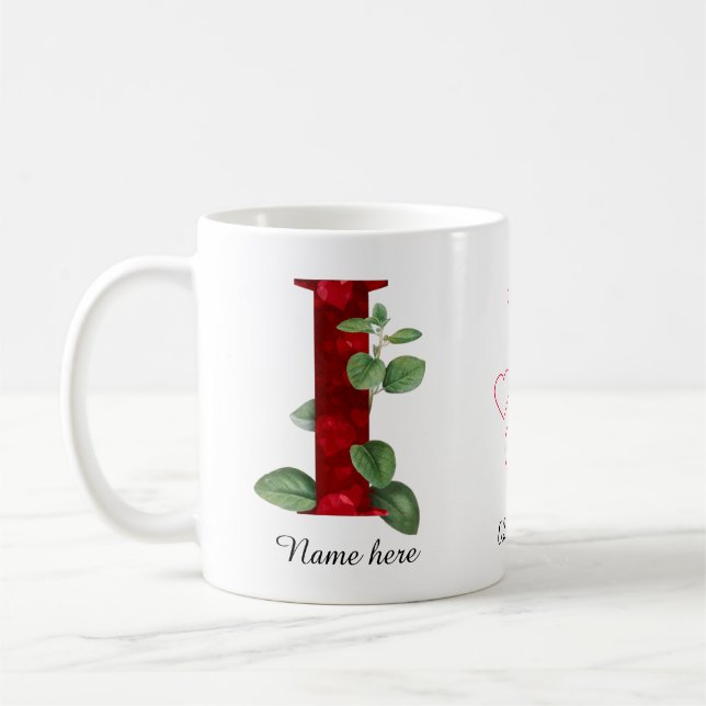 Elegant Red Heart Floral Letter H Initial Mug (Left)