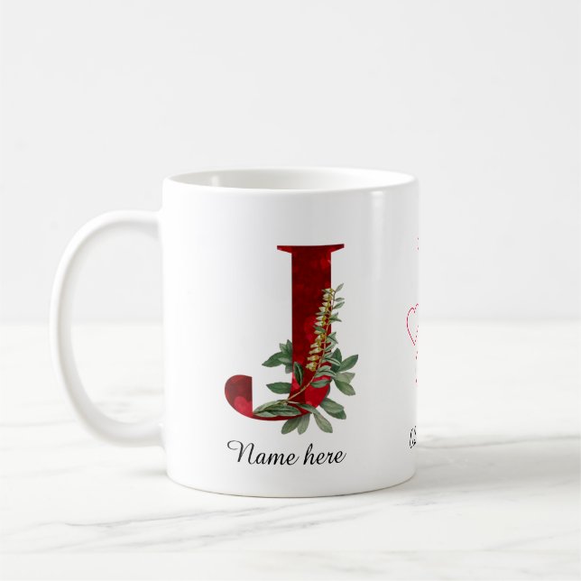 Elegant Red Heart Floral Letter J Initial Mug (Left)