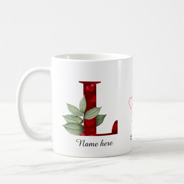 Elegant Red Heart Floral Letter L Initial Mug (Left)