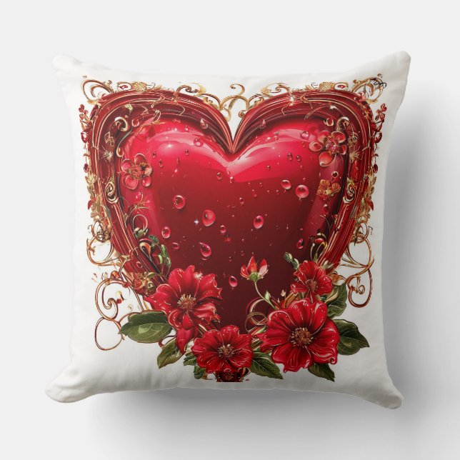 Elegant Red Heart with Flowers Cushion (Front)