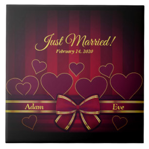 Elegant Red Hearts And Ribbon Wedding Tile