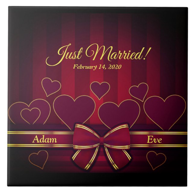 Elegant Red Hearts And Ribbon Wedding Tile (Front)