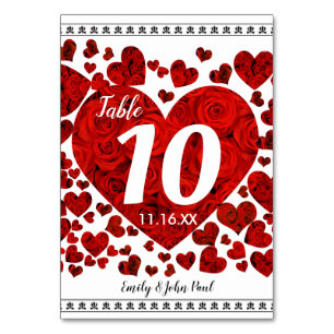 Elegant Red Hearts and Roses Table Number