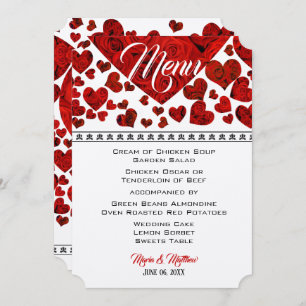 Elegant Red Hearts and Roses Wedding Menu Invitation