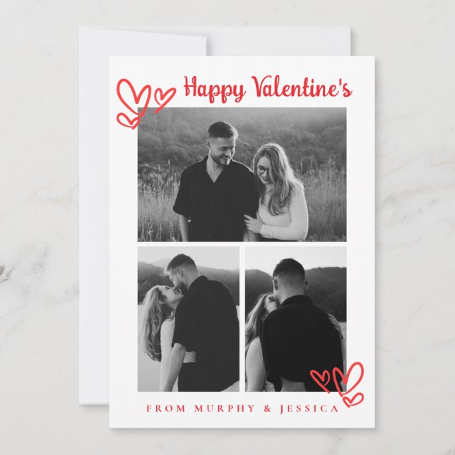 Elegant Red Hearts Happy Valentine's Day 3 Photo Holiday Card (Front)