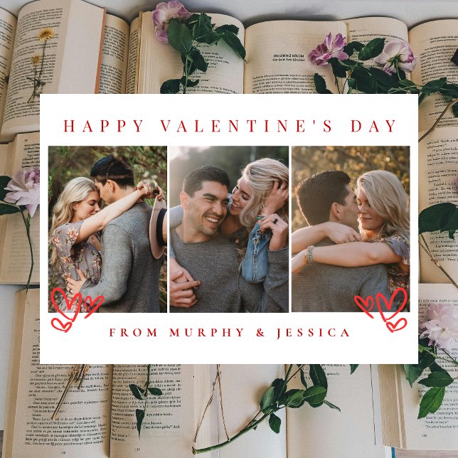Elegant Red Hearts Happy Valentine's Day 3 Photo Holiday Card (Creator Uploaded)