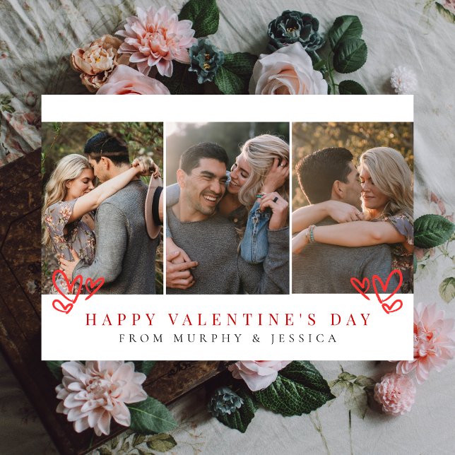 Elegant Red Hearts Happy Valentine's Day 3 Photo Holiday Card (Creator Uploaded)