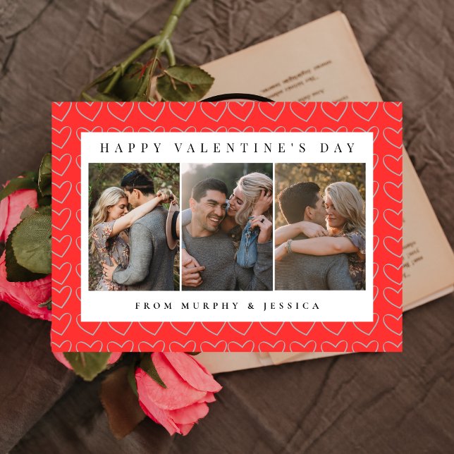 Elegant Red Hearts Happy Valentine's Day 3 Photo Holiday Card (Creator Uploaded)