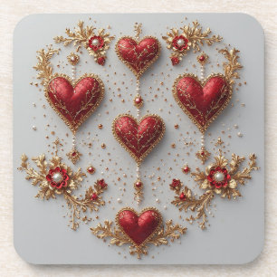 Elegant Red Hearts with Golden Floral Details Coaster