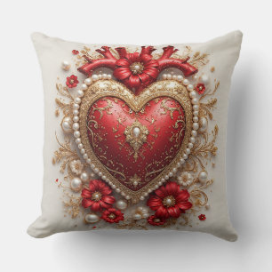 Elegant Red Hearts with Golden Floral Details Cushion