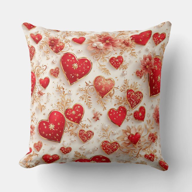 Elegant Red Hearts with Golden Floral Details Cushion (Front)
