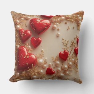 Elegant Red Hearts with Golden Floral Details Cushion