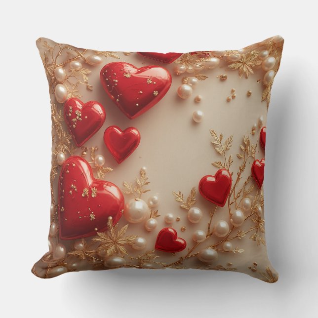 Elegant Red Hearts with Golden Floral Details Cushion (Front)
