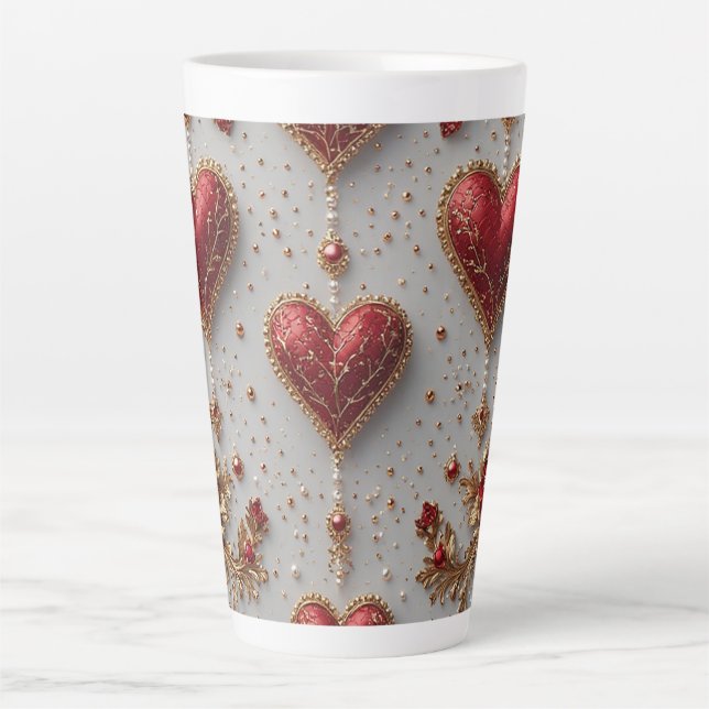 Elegant Red Hearts with Golden Floral Details Latte Mug (Front)