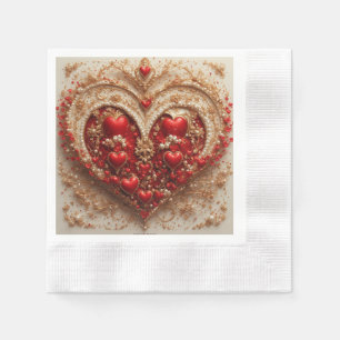 Elegant Red Hearts with Golden Floral Details Napkin