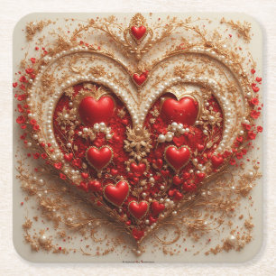 Elegant Red Hearts with Golden Floral Details Square Paper Coaster