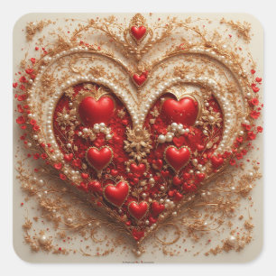 Elegant Red Hearts with Golden Floral Details Square Sticker