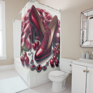 Elegant Red High Heels with Cherry  Shower Curtain