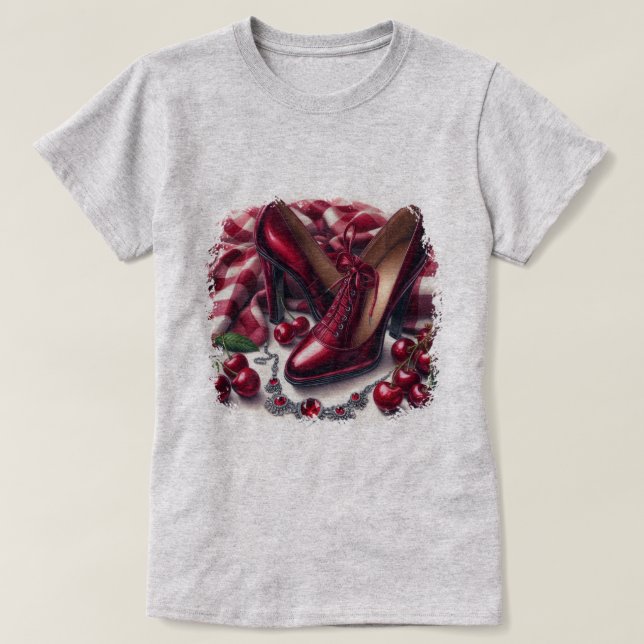Elegant Red High Heels with Cherry  T-Shirt (Design Front)