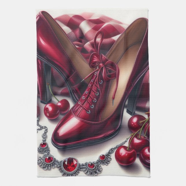 Elegant Red High Heels with Cherry  Tea Towel (Vertical)