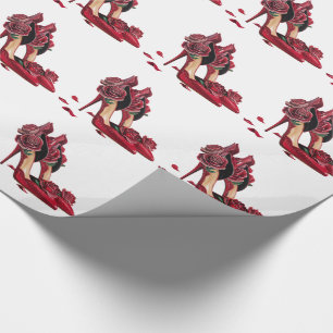 Elegant Red High Heels with Golden Roses Wrapping Paper