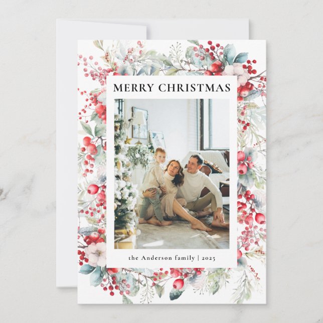 Elegant Red Holly Berries Christmas Family Photo Holiday Card (Front)