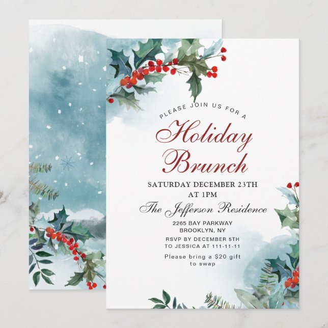 Elegant Red Holly Berry Christmas Holiday Brunch Invitation (Front/Back)