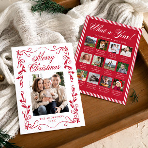 Elegant Red Holly Border Year in Review Photo Holiday Card