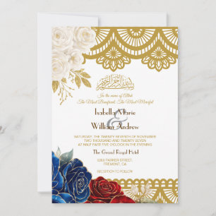 Elegant Red Ivory Gold Floral QR Code Wedding Invitation