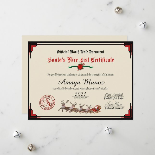 Elegant Red & Ivory Santa's Nice List Holiday Card (Front/Back In Situ)