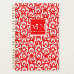 Elegant Red Japanese Wave Pattern Monogrammed Planner